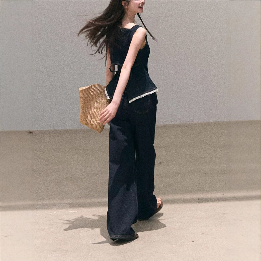 Denim Suspender Vest And Wide-leg Pants Resort-style Set