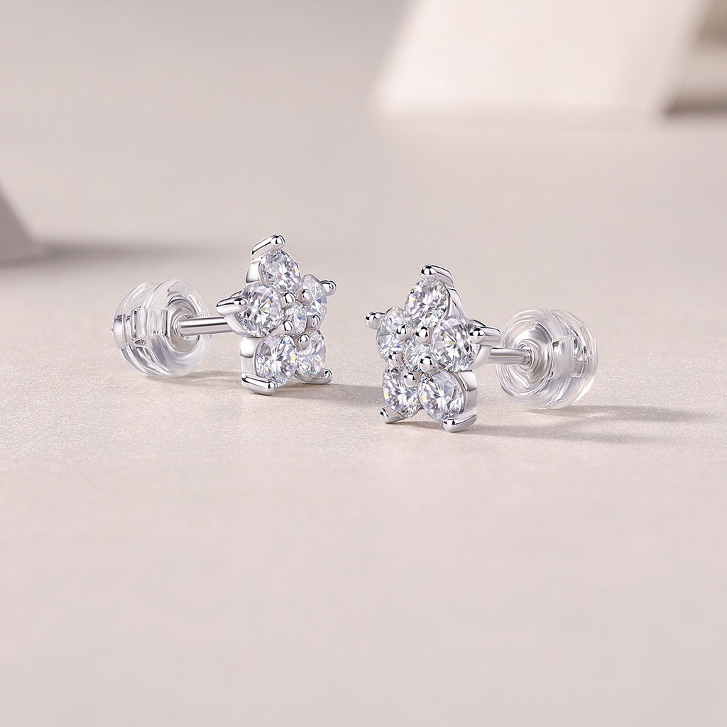 S925 Sterling Silver Flower Stud Earrings, D-VVS1 Moissanite Cluster, 1.4g Lightweight With Silicone Backs, Gift Box