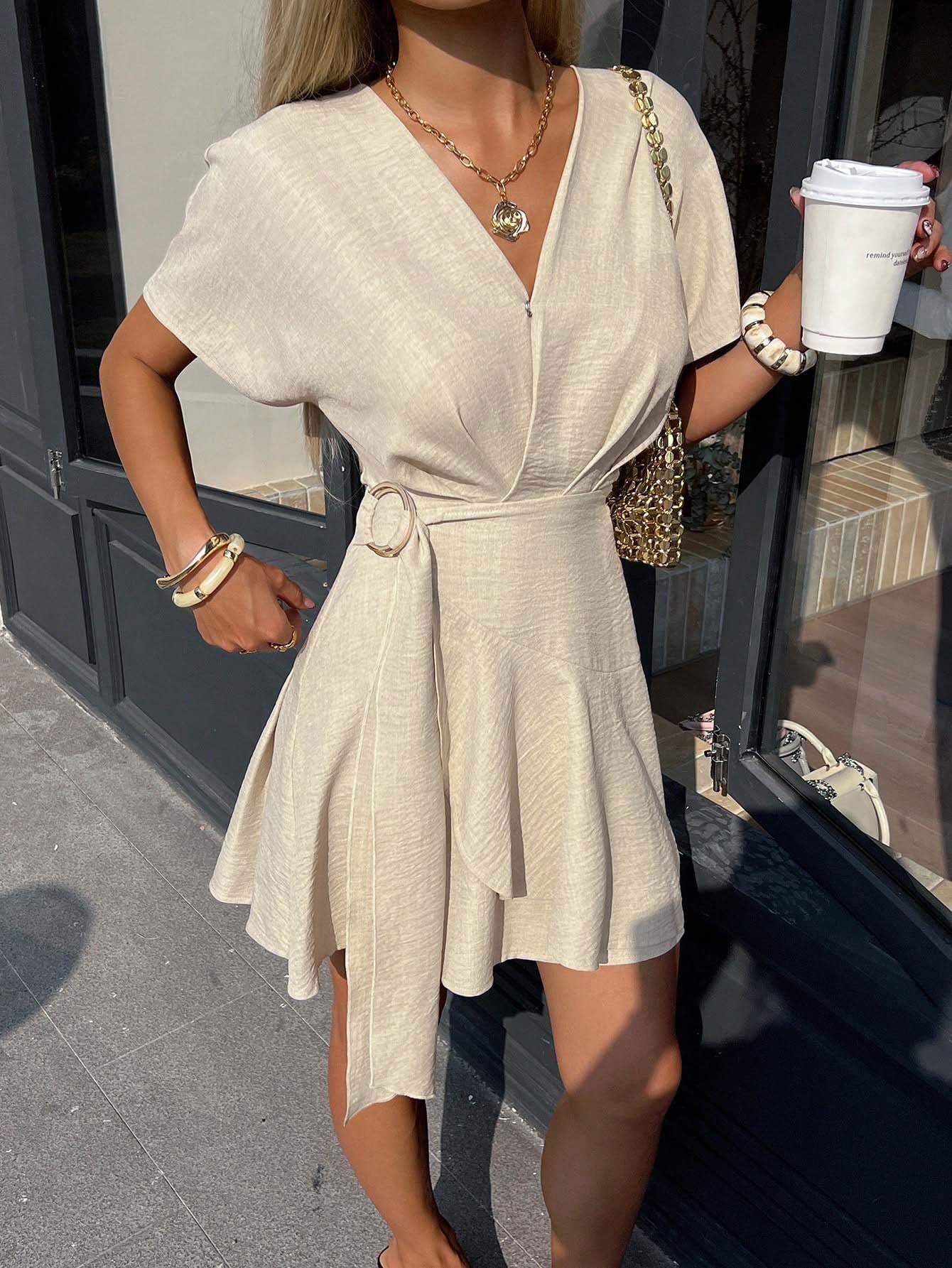 Figure-flattering Asymmetric Soft-style V-neck Dress