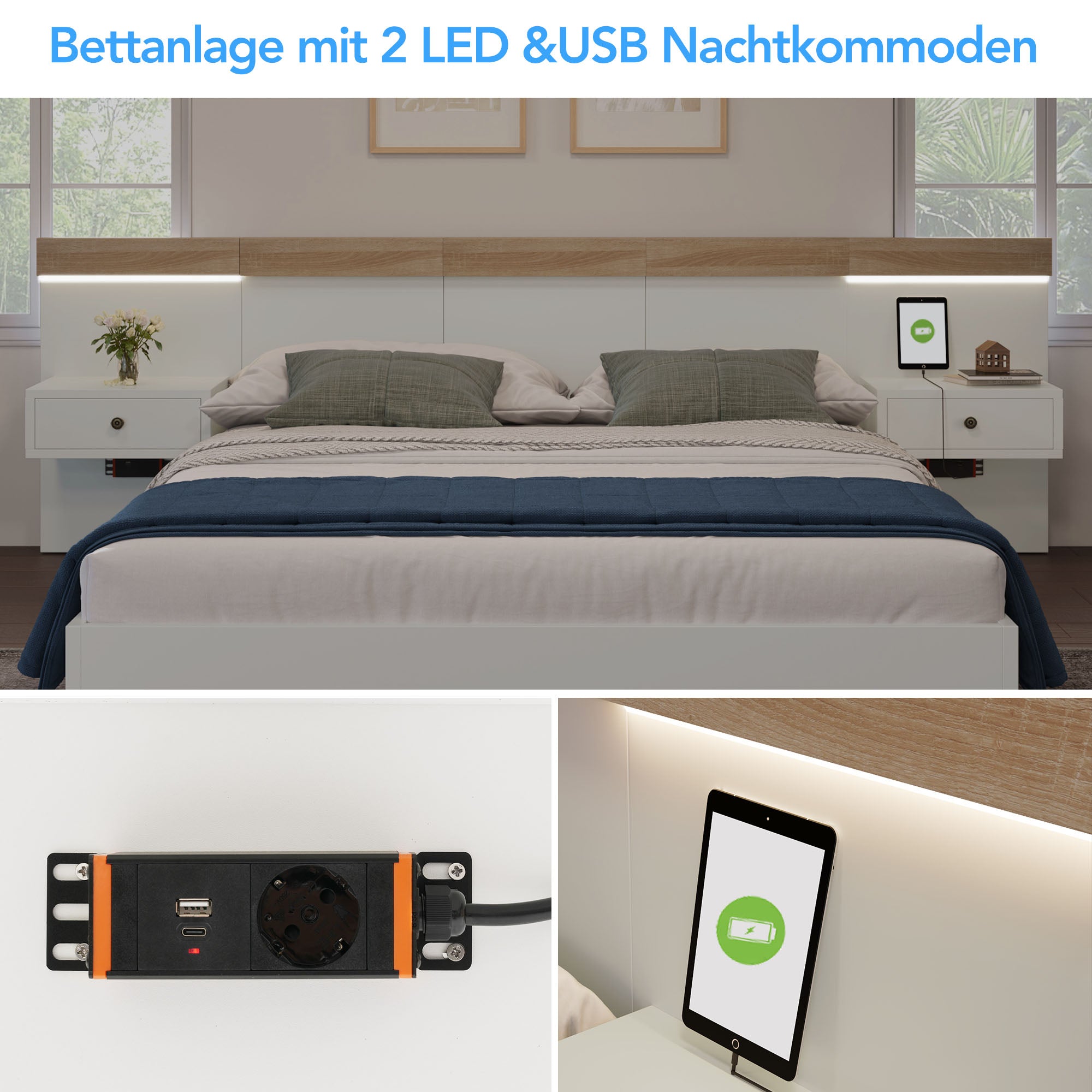 Double Bed Bed With 2 LED Bedside Dressers & USB C Socket 140 X 200 Cm Wooden Bed Incl. 2 Bedside Tables Bedroom Complete--205x244x90.5 Cm L W H Set In Oak Sonoma White  Without Mattress