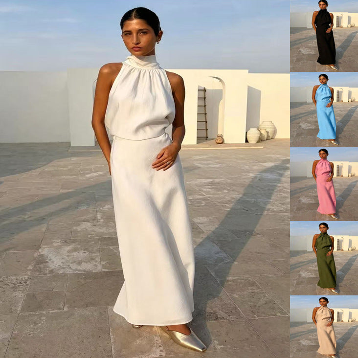 SpringSummer Halterneck Sleeveless Top With Flowing Straps And High-Waisted Fishtail Midi Skirt Set