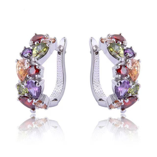 Summer Colorful Teardrop Cubic Zirconia Huggie Earrings, INS Exquisite Versatile Elegant High-End Temperament Fashion Women Ear Buckle Jewelry