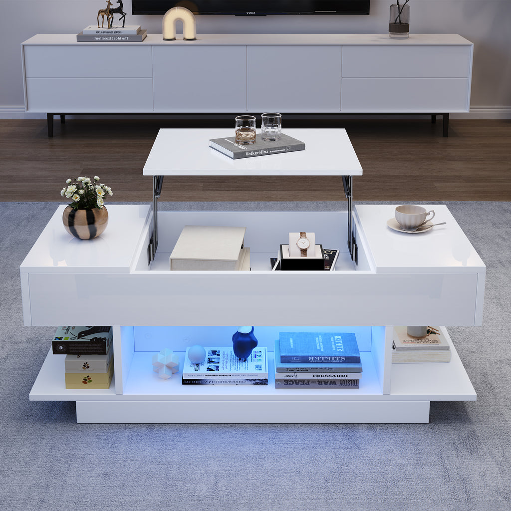 98x45x40cm Lift Coffee Table With Lift Table Top,Height Adjustable Sofa Table,Coffee Table With 2 Folding Cabinets,Living Room Table With Semi-Open Storage,High Gloss Tea Table With LED,White