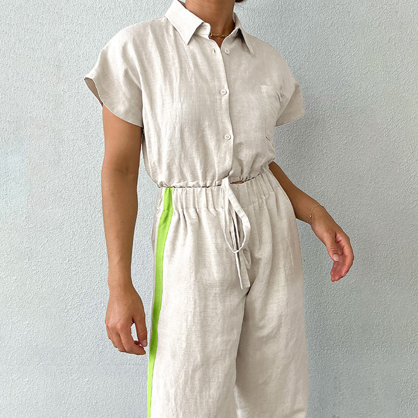 Women's Retro Loose Casual Lace-up Shirt Top High Waist Wide Leg Pants Suit