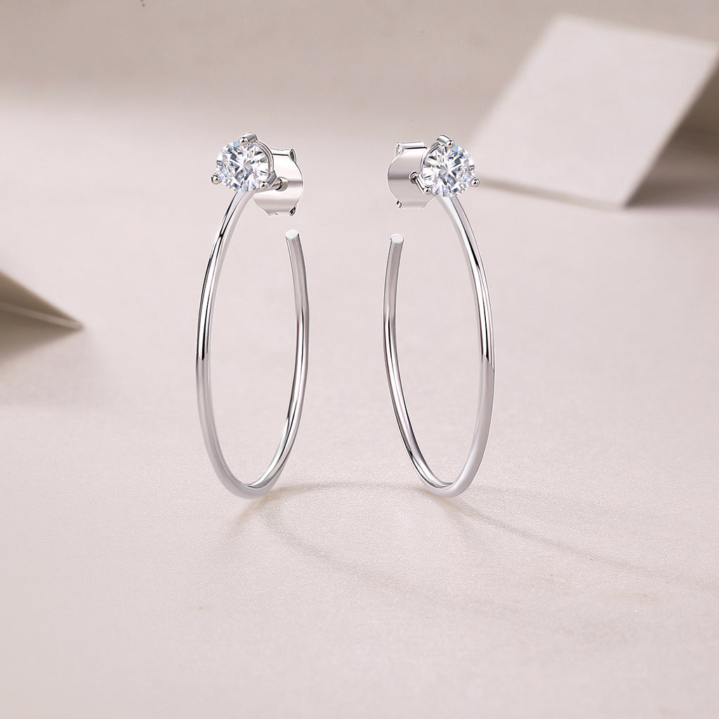 S925 Sterling Silver Long Hoop Earrings, 0.6ct D-VVS1 Moissanite, Platinum Plated 2.6g Women's Minimalist Jewelry Gift Box