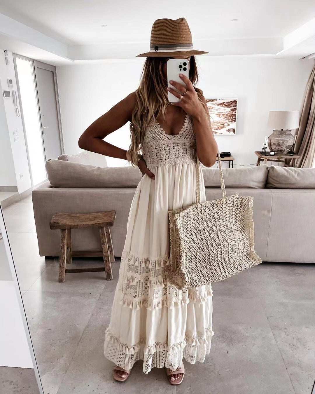 Casual Lace-panel Sleeveless Maxi Dress