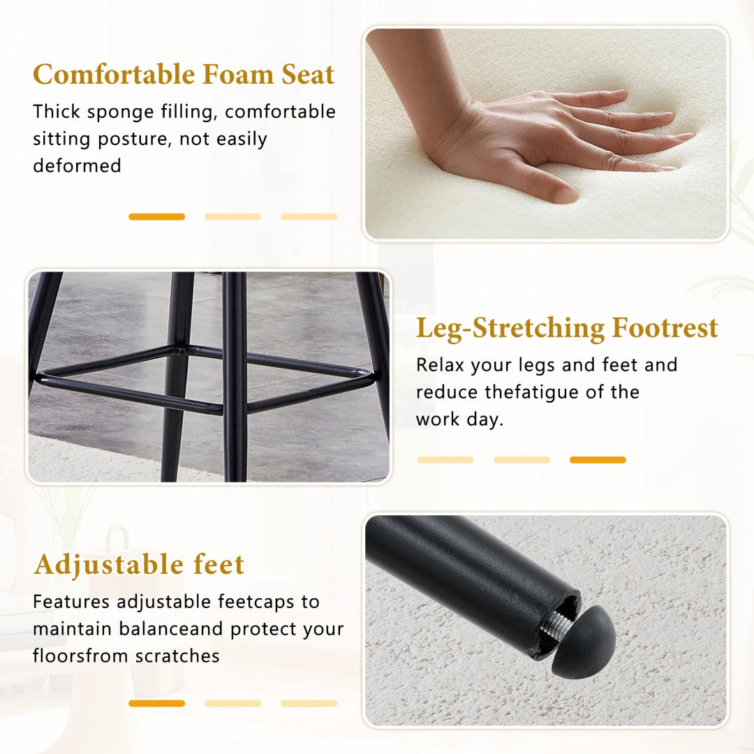 Set Of 2 Beige Chenille Bar Stools With Black Iron Legs, Modern Kitchen Island Counter Height Stools