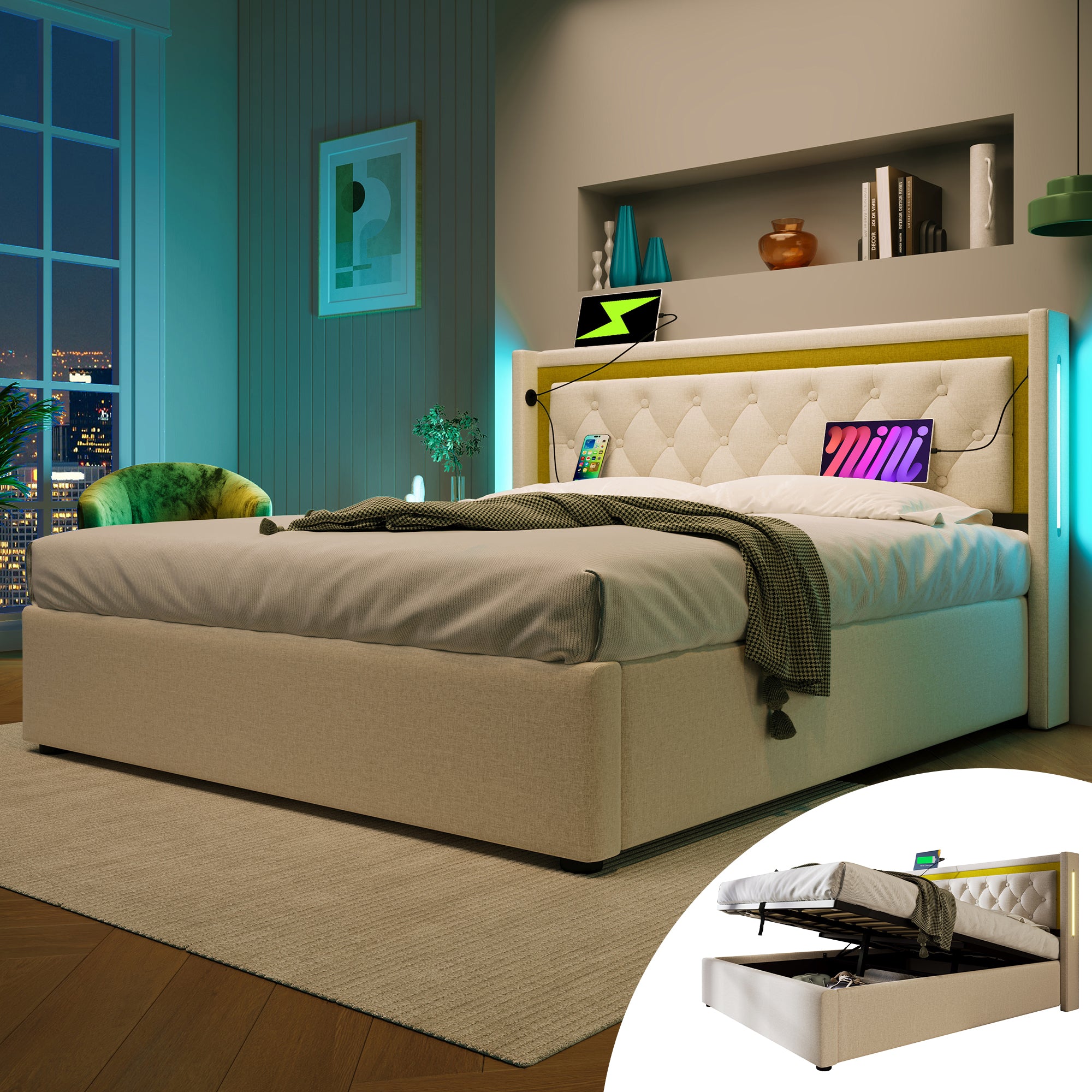 Upholstered Bed LED Double Bed Storage Bed Box With USB Type C Charging Function Headboard,Storage Beds Bed Frame Made Of Cotton Youth Bed 140x200 With Slatted Base  Without Mattress