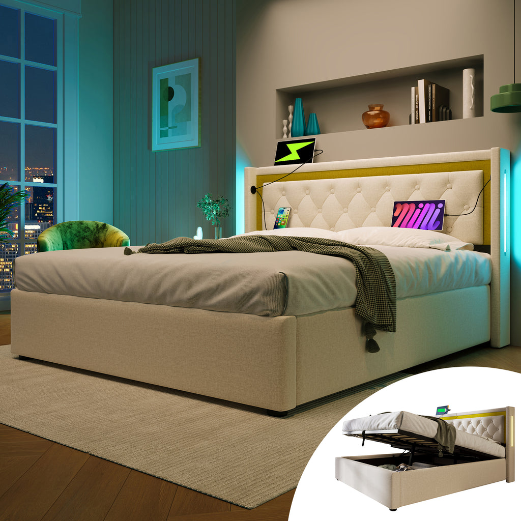 Upholstered Bed LED Double Bed Storage Bed Box With USB Type C Charging Function Headboard,Storage Beds Cotton Bed Frame Youth Bed 160x200 With Slatted Base  Without Mattress