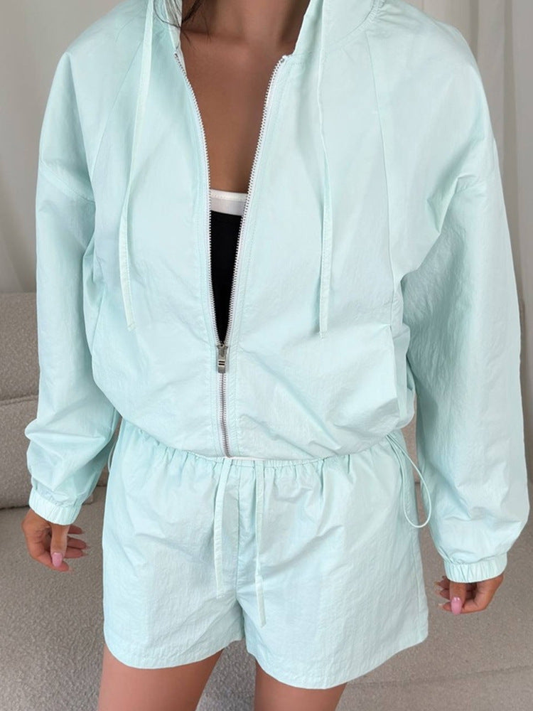 Womens Long-sleeve Zip-up Cardigan And Shorts Set
