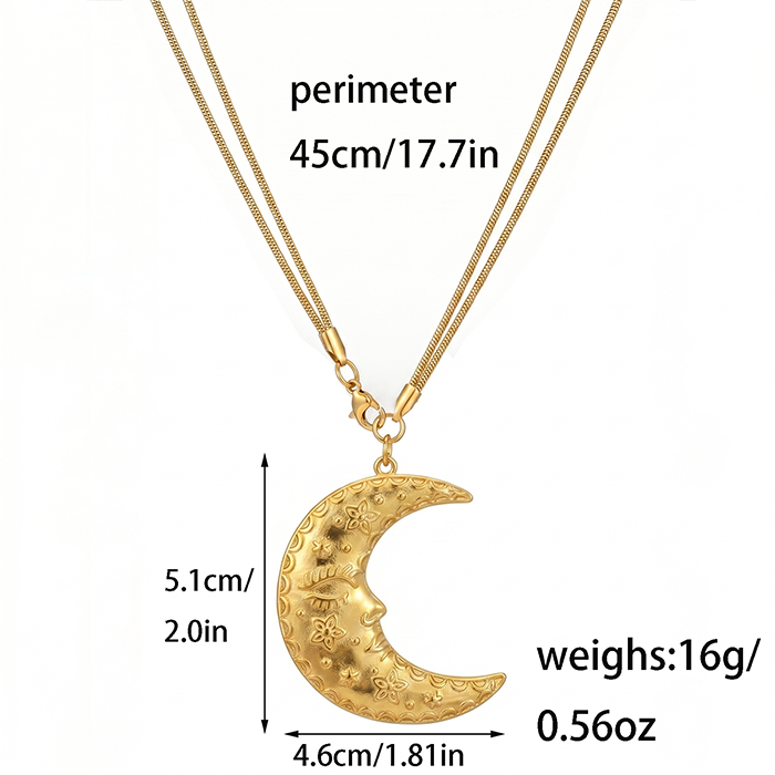 Double Layer Moon Face Pendant Necklace For Women, 18K Gold Plated Stainless Steel Snake Chain Choker, Celestial Boho Starry Jewelry Gift