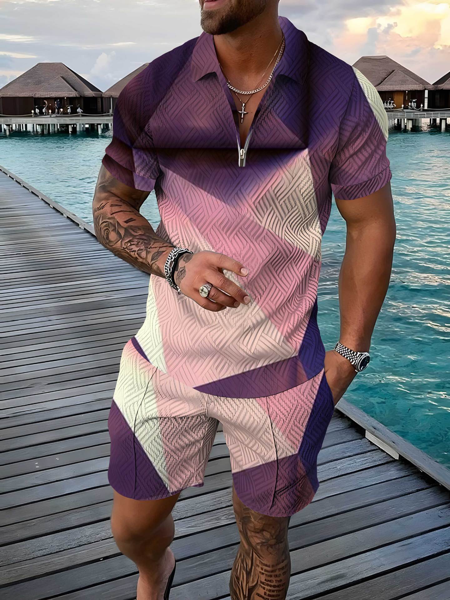 Fashion Zipper Polo Shirt Suit Men's Casual 3D Printed Polo Shirt Shorts