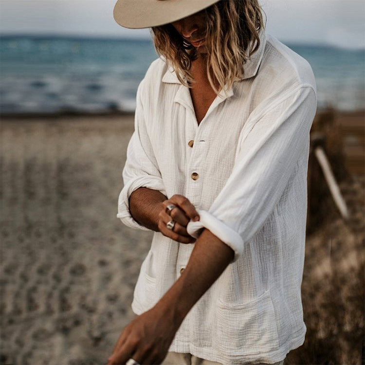 Double-layered Pleated Mens Relaxed-fit Casual Long-sleeve Shirt With A Cuban Collar