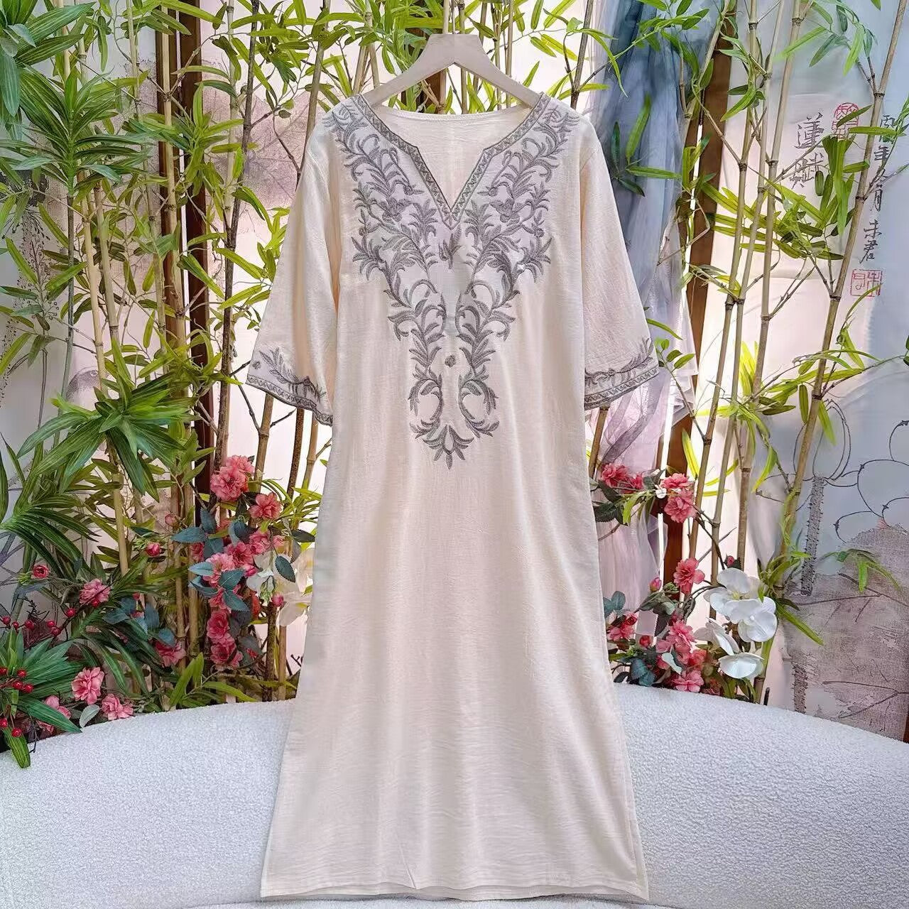 Vacation Style Artistic Dress Ethnic Inspired Embroidered One Piece Dress