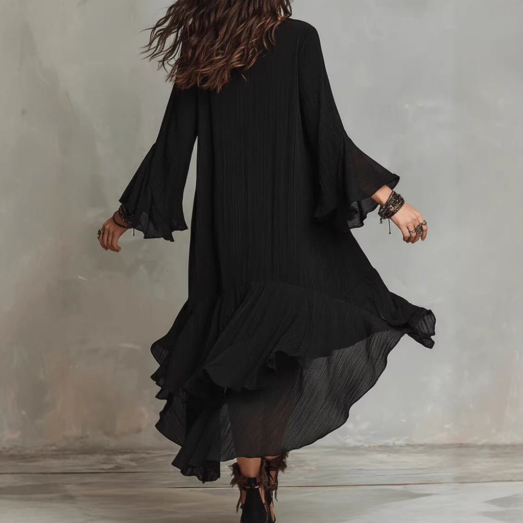 Womens Solid-color Elegant Asymmetrical Ruffled Dress
