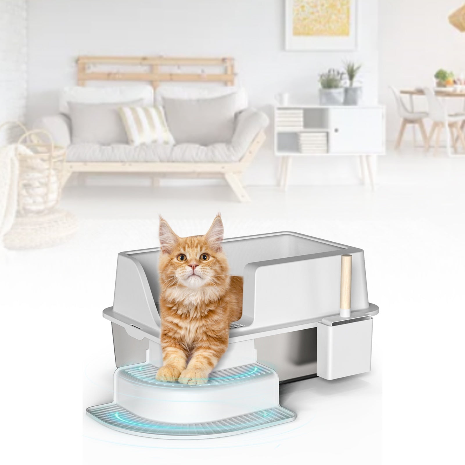 30L Semi Enclosed Cat Litter Box With Footboard And Scoop Stainless Steel Litter Box Plastic Walkway