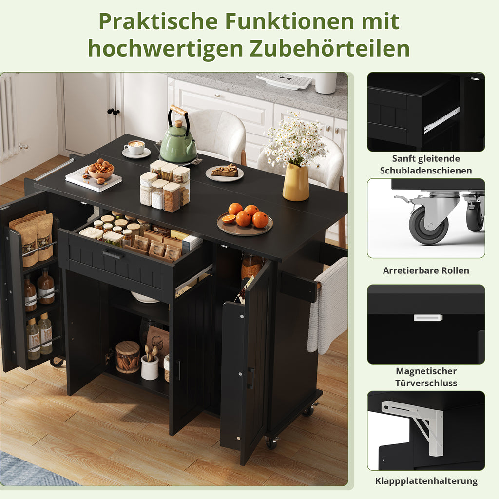 Kucheninsel Mit Klappbarer Arbeitsplatte,Kuchenwagen Auf Rollen, Kuchenschrank Mit 4 Turen Und 1 Schublade, Integrierten Gewurzregalen In Den Turen, Doppelseitigen Handtuchhaltern,schwaz120x45 70 X95
