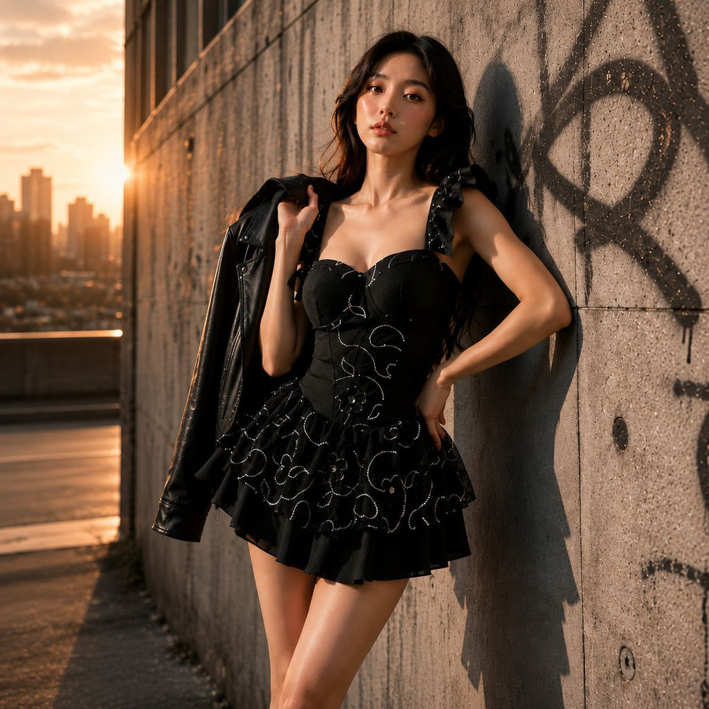 Elegant Black Mesh Bubble Dress For Women