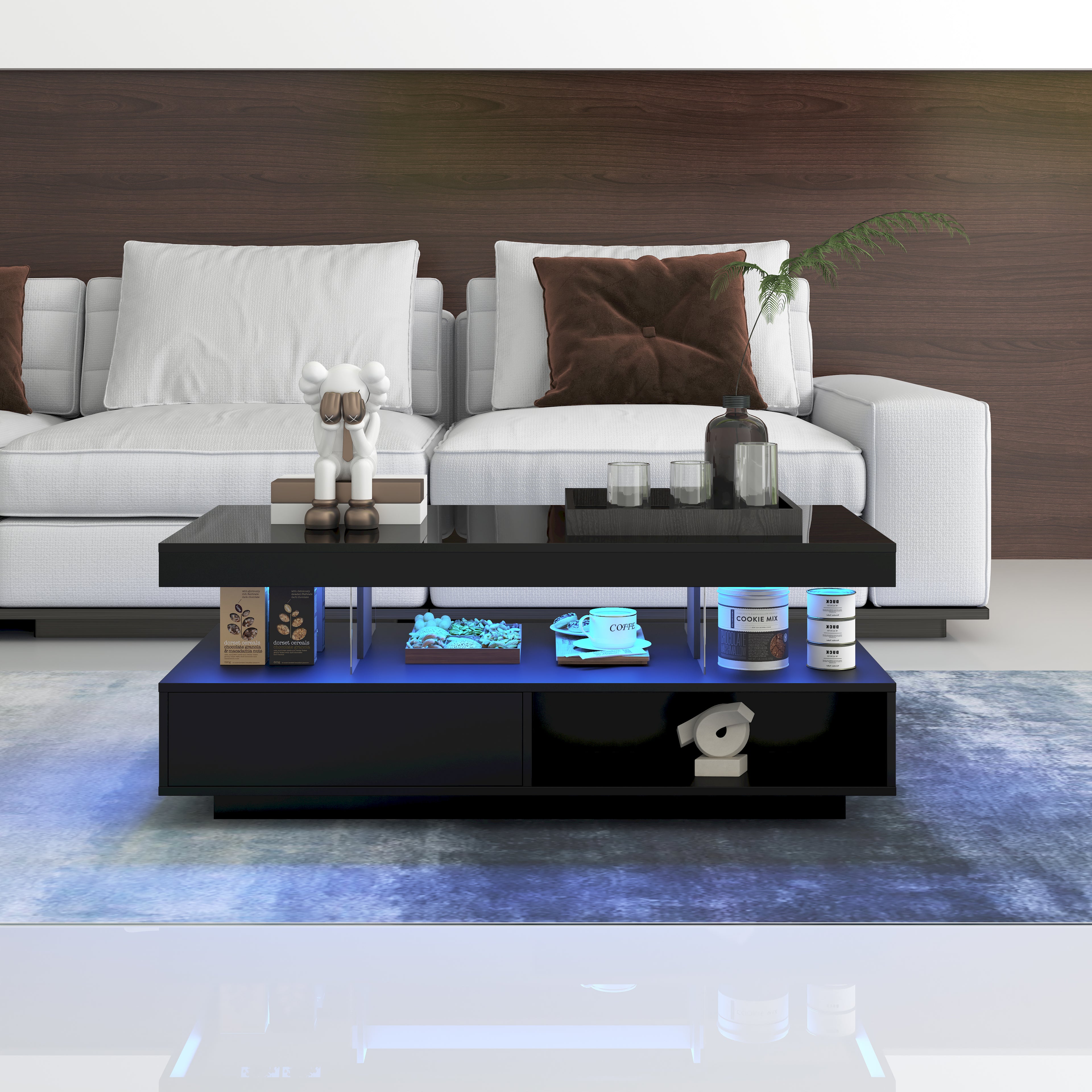 Schwarzer Hochglanz-Couchtisch 95x50x42,5 Cm - Mit 4 Glasplatten, 2 Schubladen Und 2 Offenen Fachern, Unterschrank Fur Wohnzimmer, Couchtisch