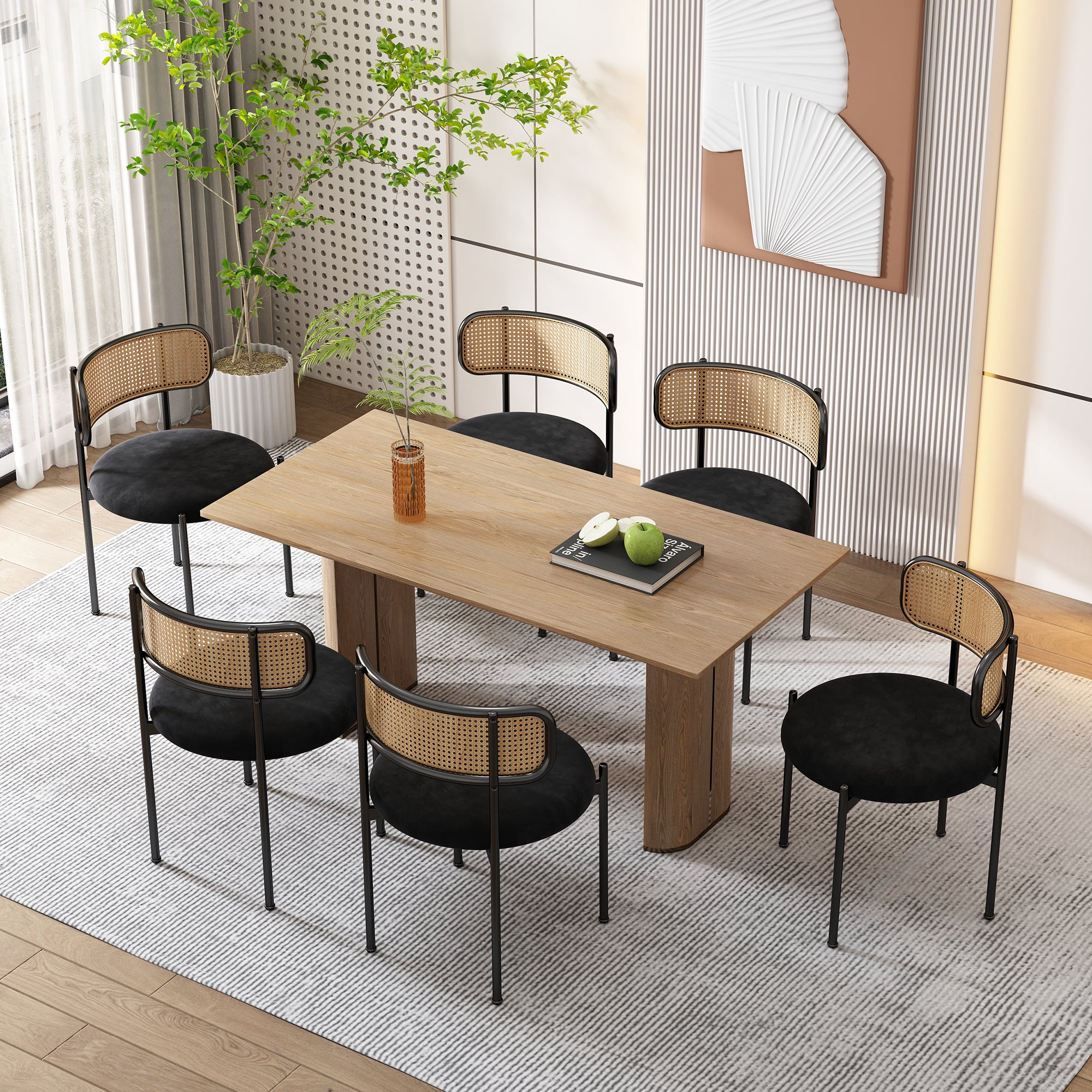 Velvet Dining Chair, Set Of 4, Modern Simple Leisure Chair With Four Metal Support Legs, Rattan Leisure Chair, Living Room And Bedroom Chair, Black