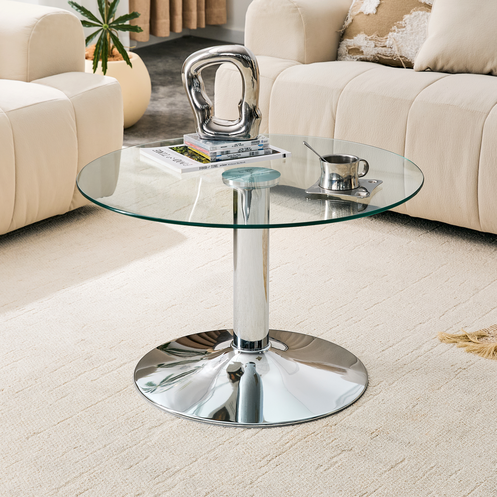 27.5-inch Diameter Round Tempered Glass Coffee Table. 17.7 Inches High, Supported By A Silver Metal Base, With A Light Luxury Edge.