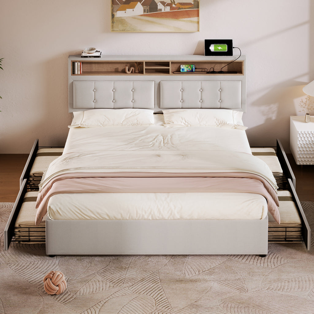 Double Bed With 4 Drawers & USB C Socket, Upholstered Bed 140x200cm, Height-adjustable Headboard, Wooden Slatted Frame  Without Mattress