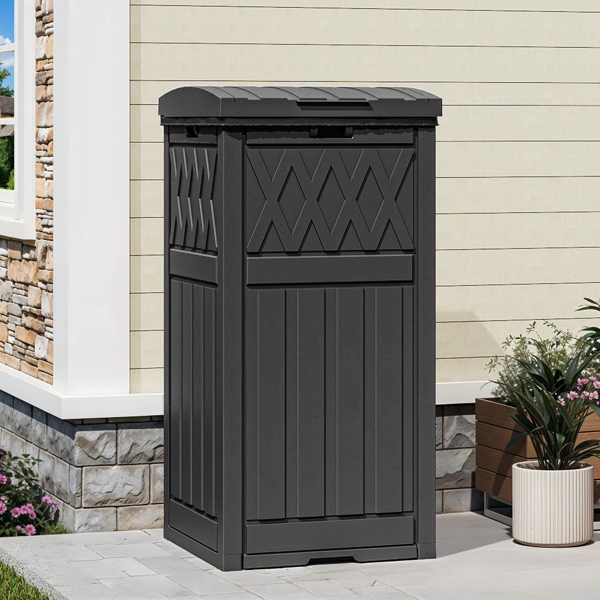 38 Gallon Outdoor Trash Can, Waterproof Resin Garbage Bin With Lid & Drip Tray For Porch Backyard Patio, Black  Shipment From Walmart