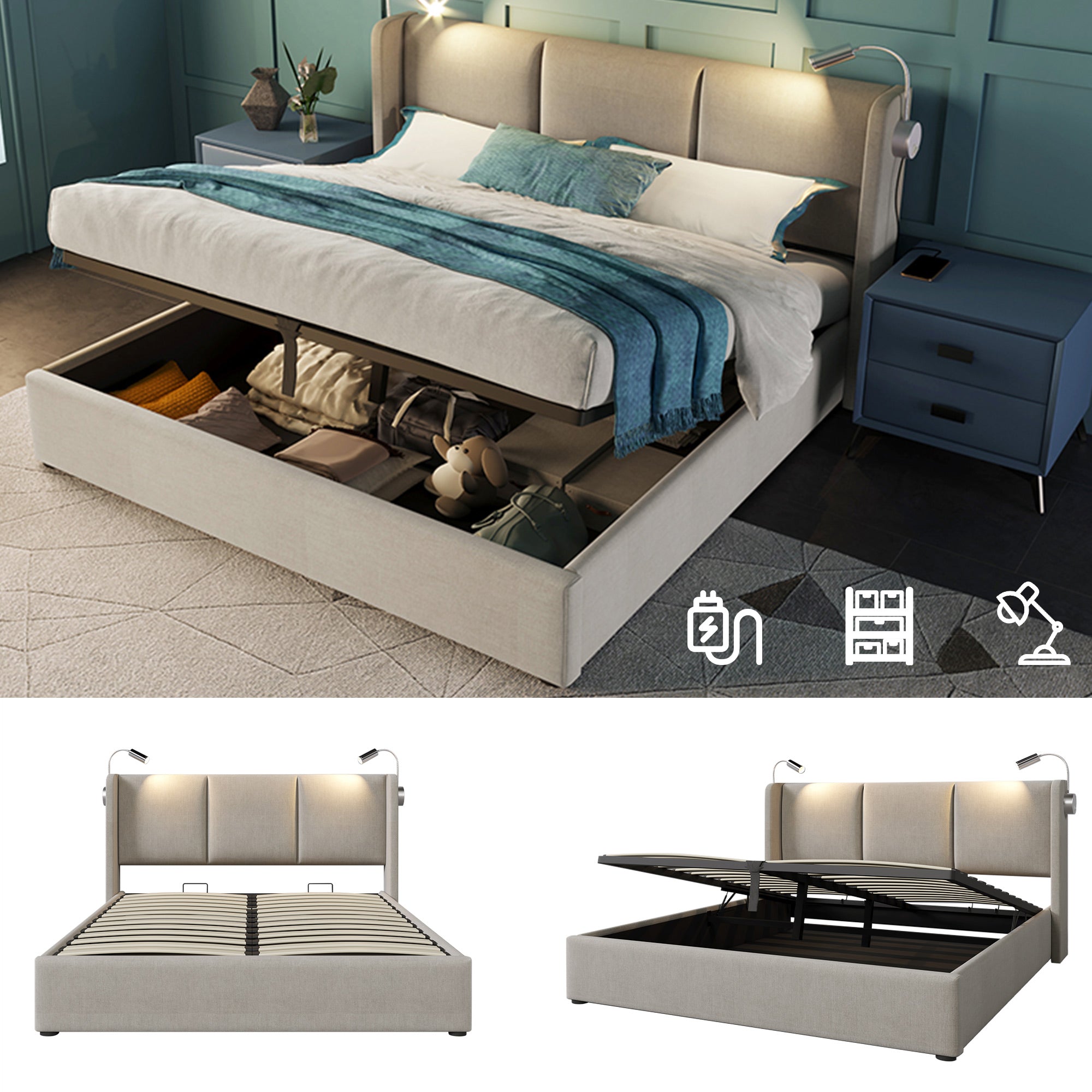 Upholstered Bed Double Bed Storage Storage Storage Light With USB Charging Headboard,Storage Beds Bed Frame Made Of Linen Material Youth Bed Bed 160x200 With Slatted Base Without Mattress