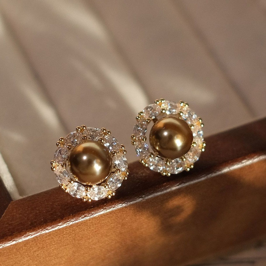 Classic Elegant Light Luxury Niche Round Champagne Pearl Sparkling Stud Earrings, Versatile New Autumn Winter Jewelry