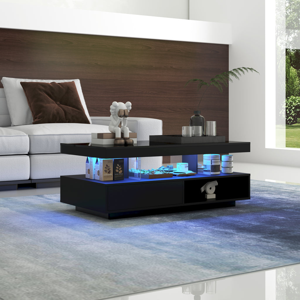 Schwarzer Hochglanz-Couchtisch 95x50x42,5 Cm - Mit 4 Glasplatten, 2 Schubladen Und 2 Offenen Fachern, Unterschrank Fur Wohnzimmer, Couchtisch