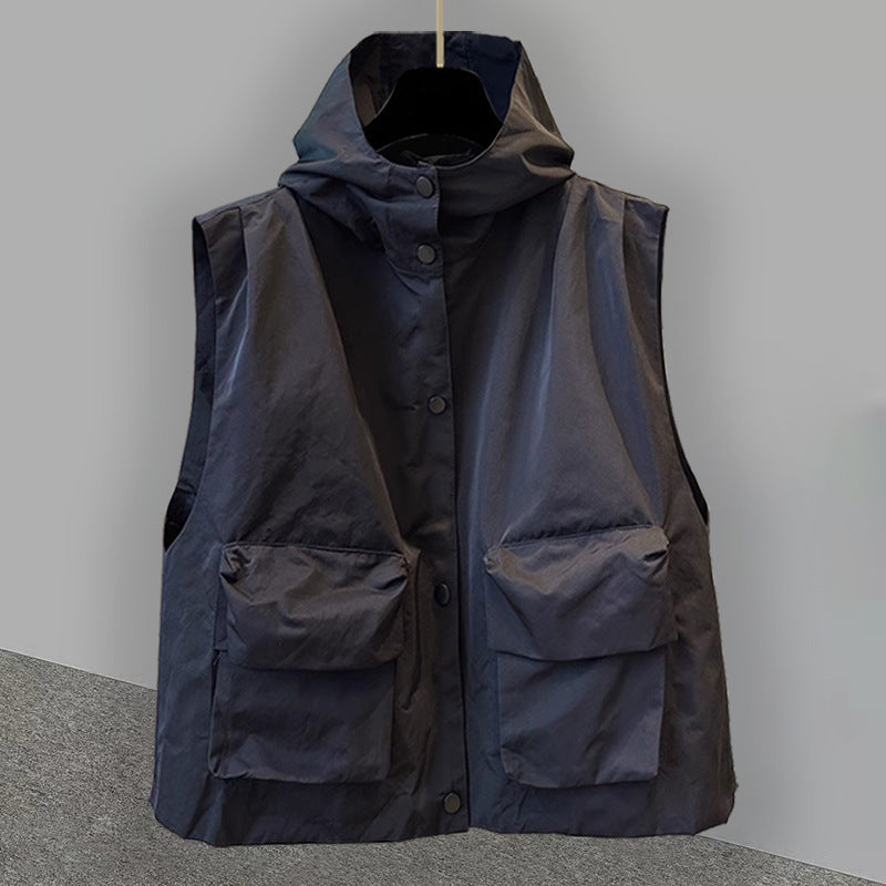 Solid-color Cardigan Hooded Outerwear Vest Jacket
