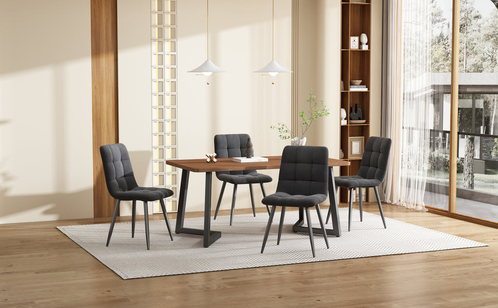 5-piece Dining Set With Table And 4 Chairs, Modern Kitchen Table Set, Wood Grain Kitchen Table With Black Metal Legs, MDF Tabletop In Walnut Color, Dark Gray Velvet Dining Chairs