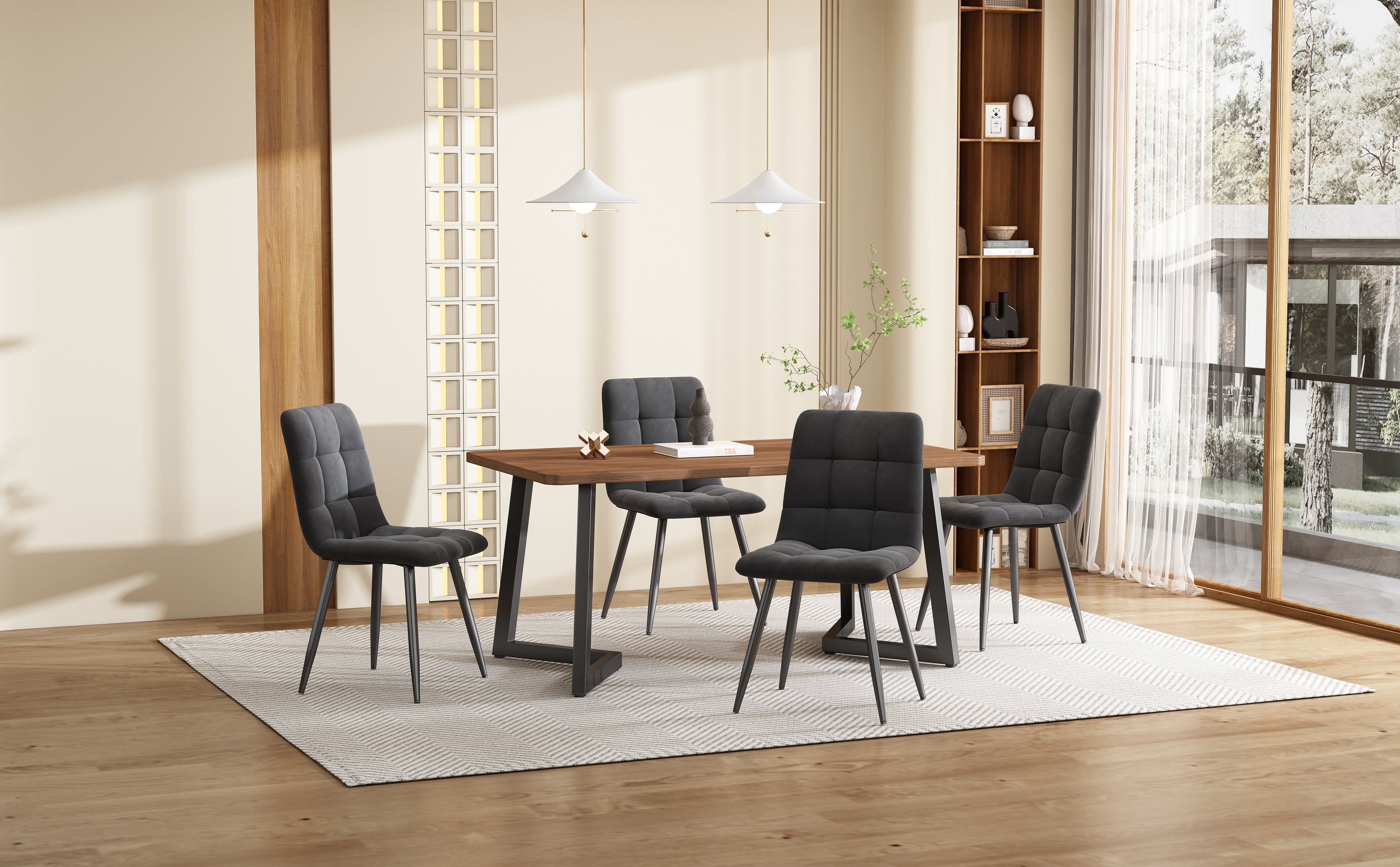 5-piece Dining Set With Table And 4 Chairs, Modern Kitchen Table Set, Wood Grain Kitchen Table With Black Metal Legs, MDF Tabletop In Walnut Color, Dark Gray Velvet Dining Chairs
