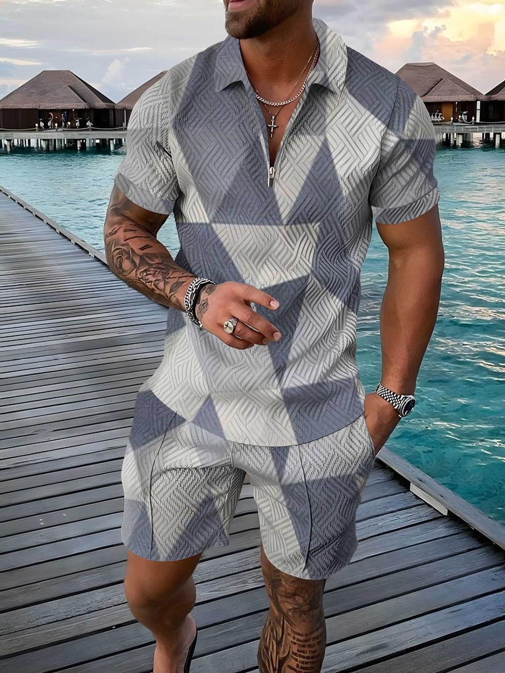 Men's Polo Shirt Summer Fashion 3D Printed Short Sleeve Geometric Zip Lapel