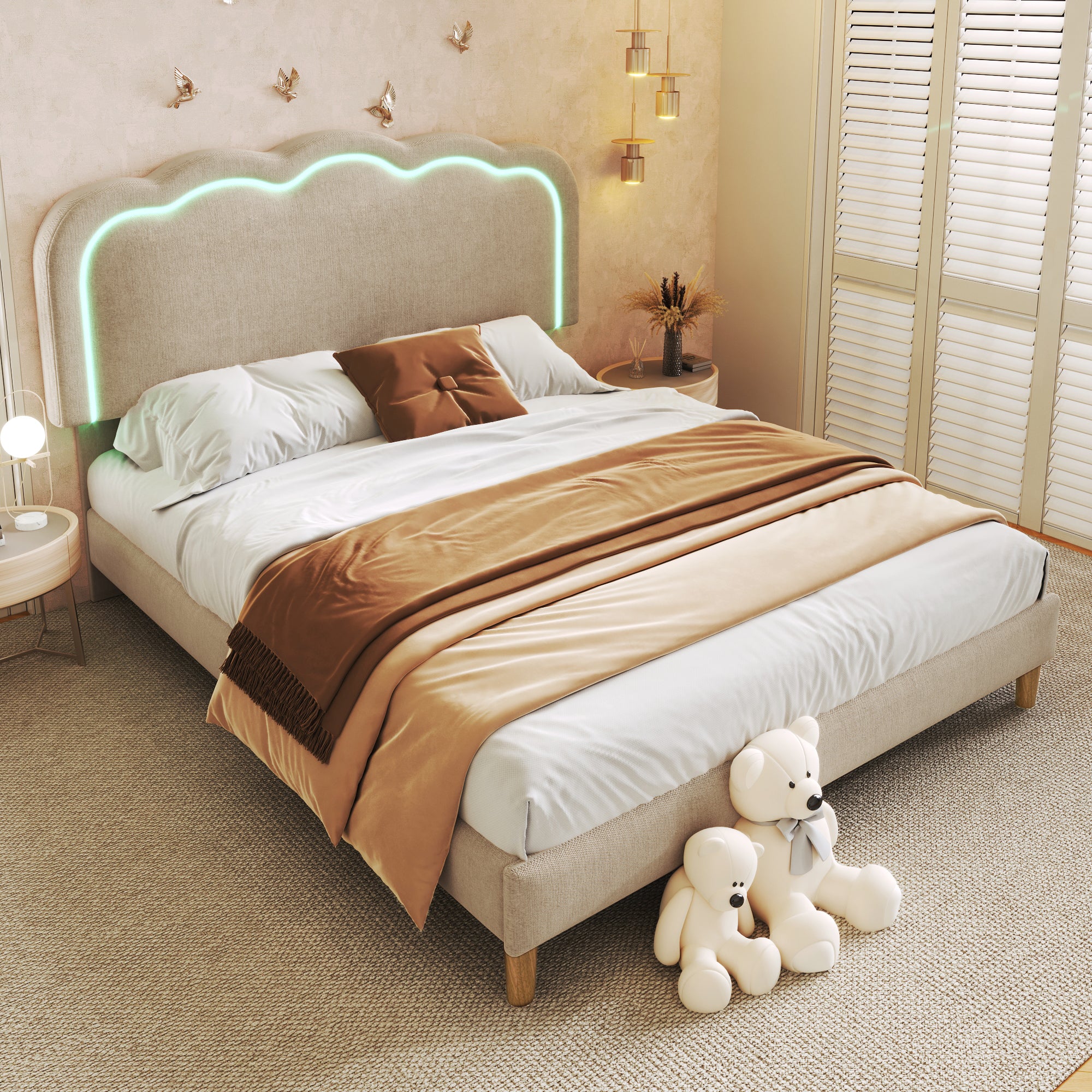 Upholstered Bed LED Double Bed 140 X 200cm, Bed Frame With Slatted Base And Adjustable Headboard, Upholstered Bed In Beige, Bed Frame Youth Bed For Bedroom Guest Room Linen Material