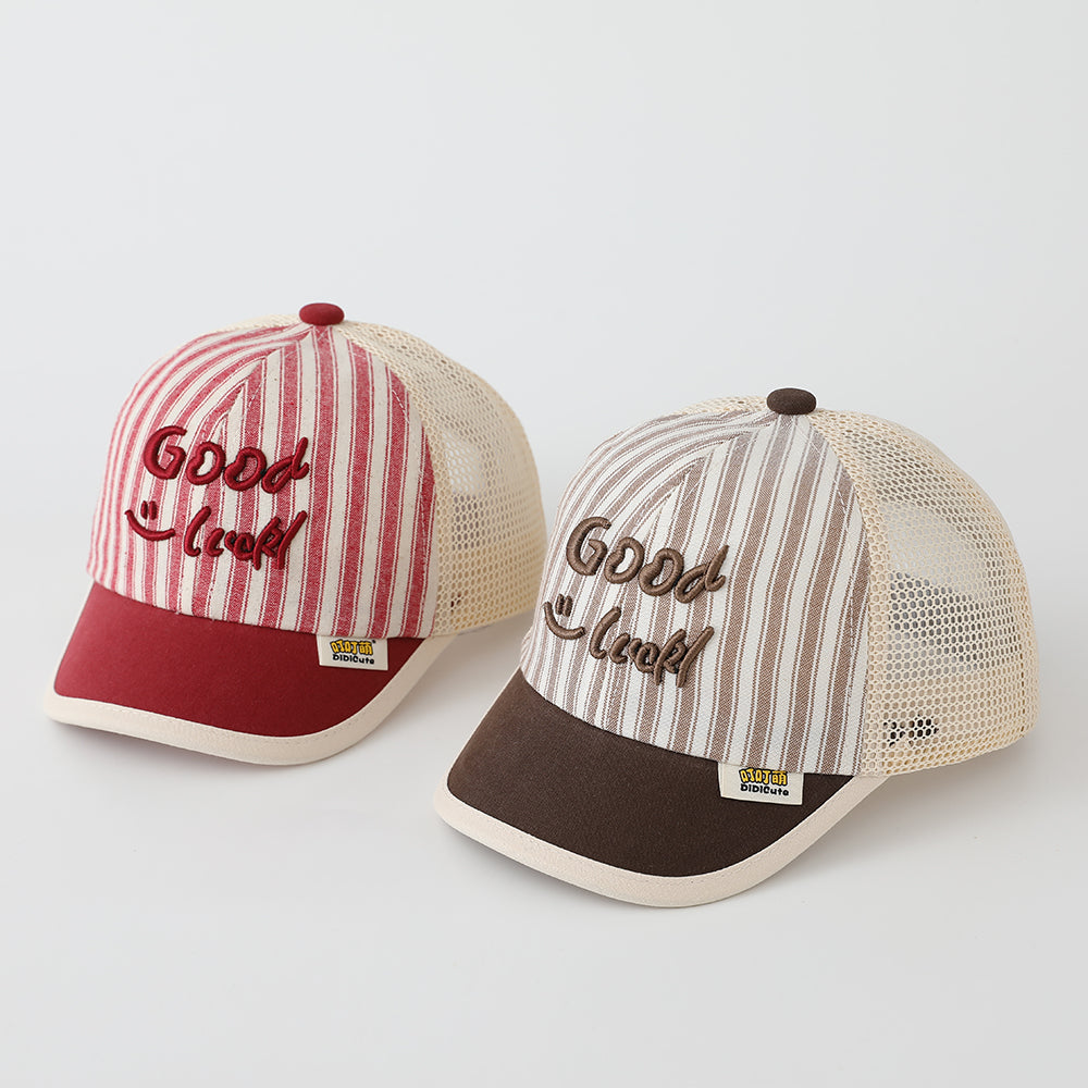 Summer Men's And Women's Striped Baseball Cap With Embroidered Letters Good Luck On The Body, Net-like Fabric, Fashionable And Casual Style