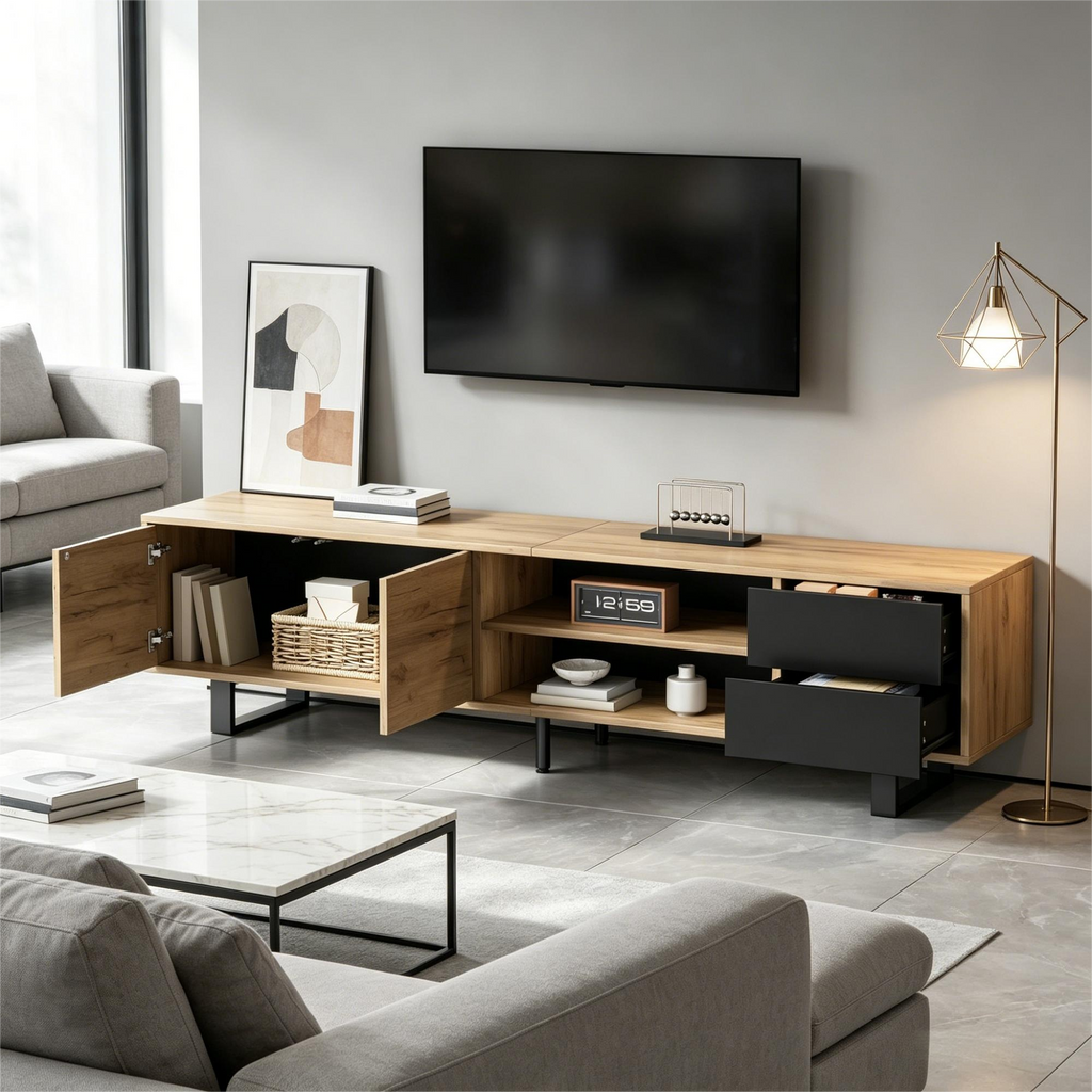 TV Cabinet With Metal Legs 180x40x50cm, Wood Look Lowboard For Living Room, Chipboard TV Cabinet, 30kg Loadable, With Two Drawers, Three-Layer Structure, Suitable For 75 Inch TV