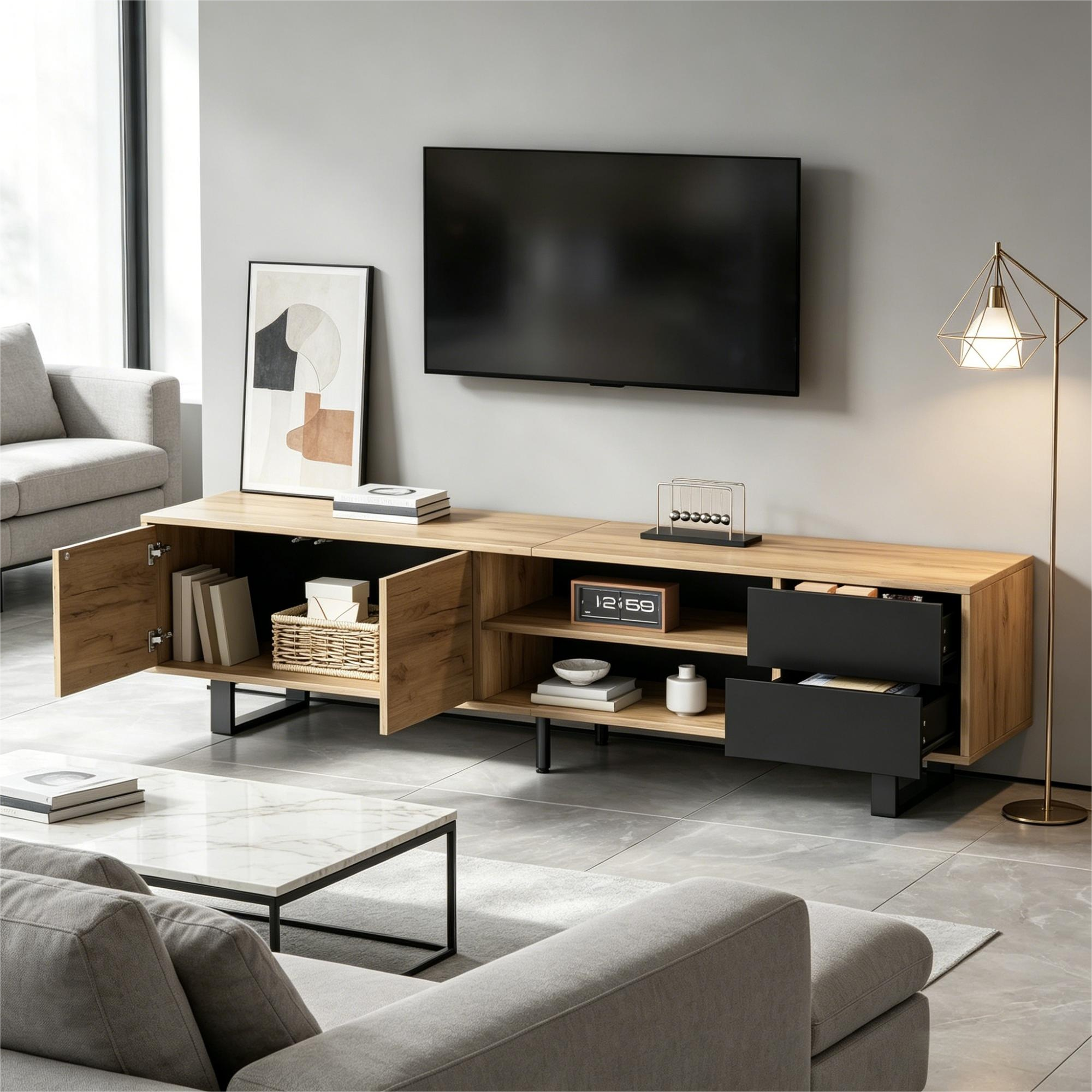 TV Cabinet With Metal Legs 180x40x50cm, Wood Look Lowboard For Living Room, Chipboard TV Cabinet, 30kg Loadable, With Two Drawers, Three-Layer Structure, Suitable For 75 Inch TV