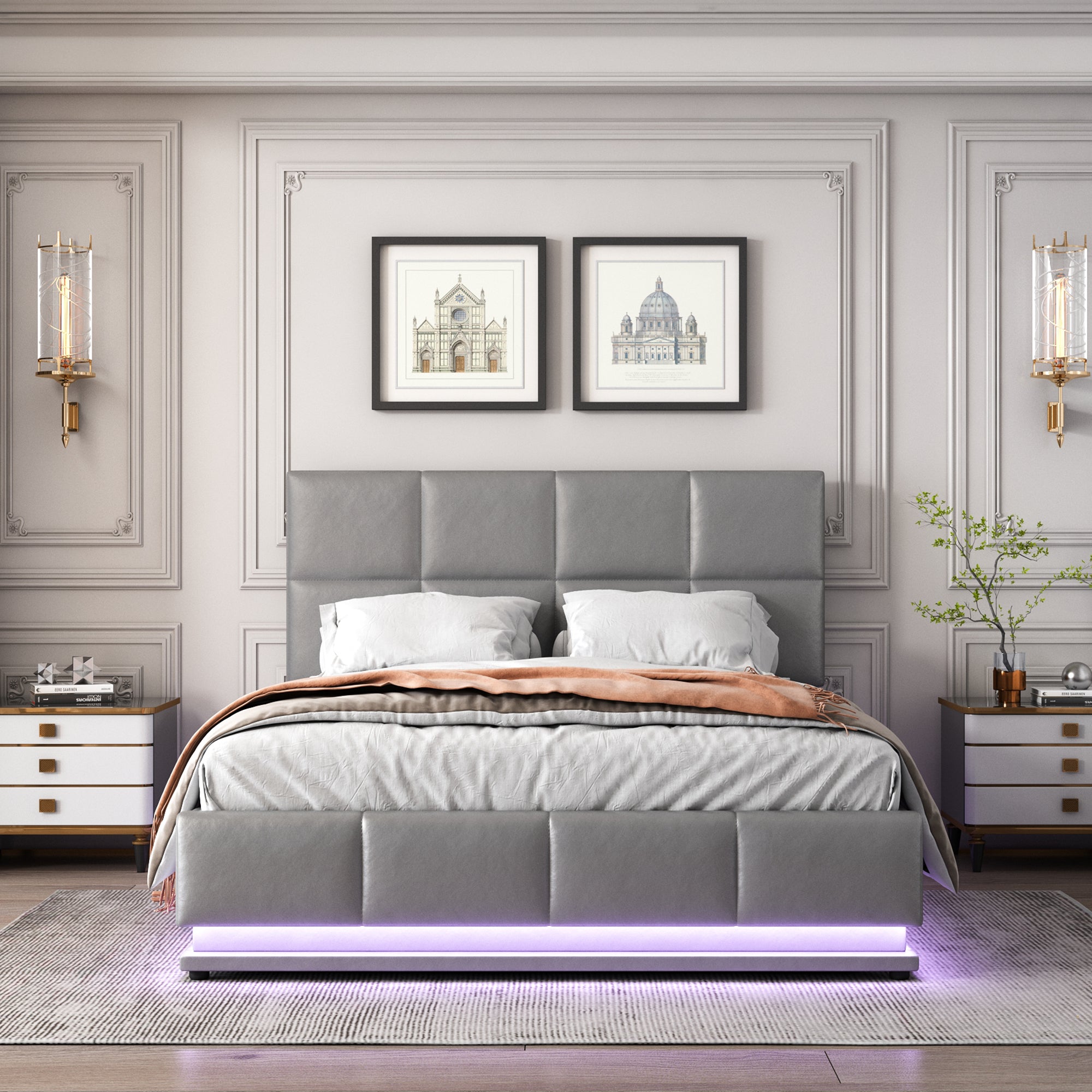 Upholstered Bed 140x200 Cm With LED Lighting & Hydraulically Liftable Bed Storage Space, Bed Base & Slatted Frame Cover Made Of  Leather Double Bed  Youth Bed Grey