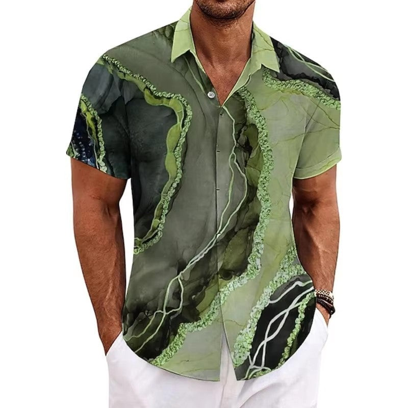 European-size Mens Casual Slim-fit Beach 3D-printed Short-sleeve Shirt