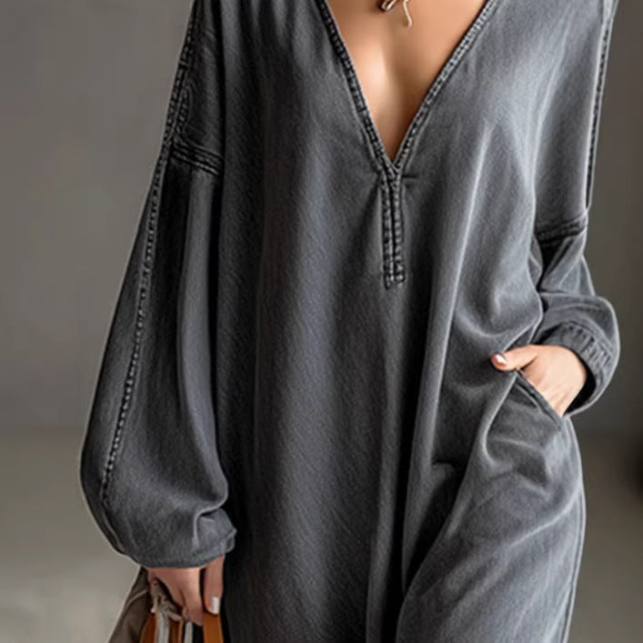 Gray Denim Long-sleeve Dress