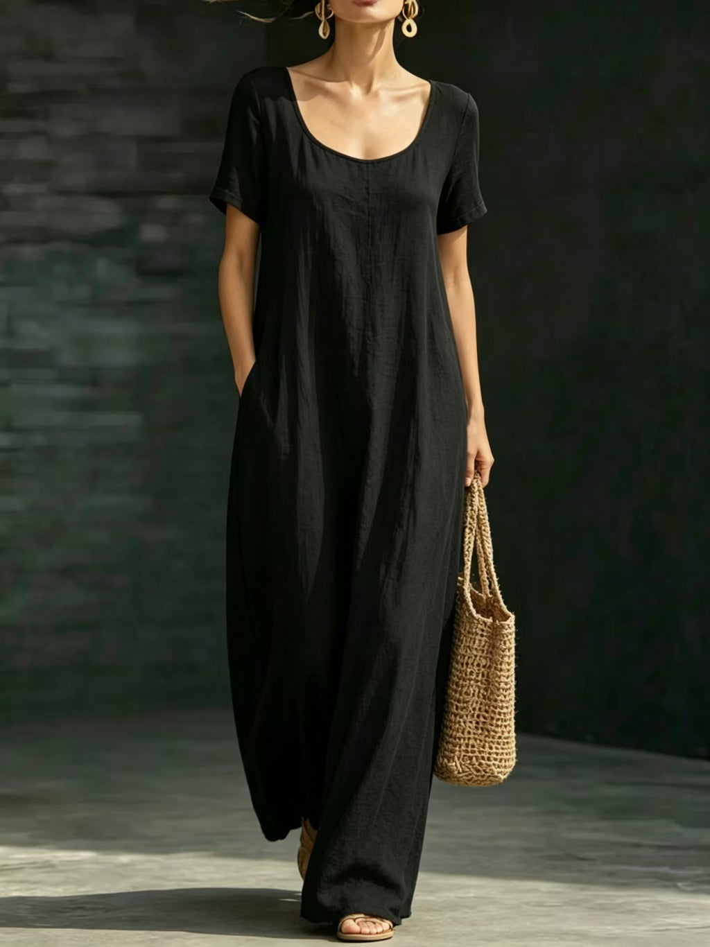 Summer U-Neck Short Sleeve Flowy Maxi Dress - Casual Solid Color Women's Loose Dress Summer Dress For Women