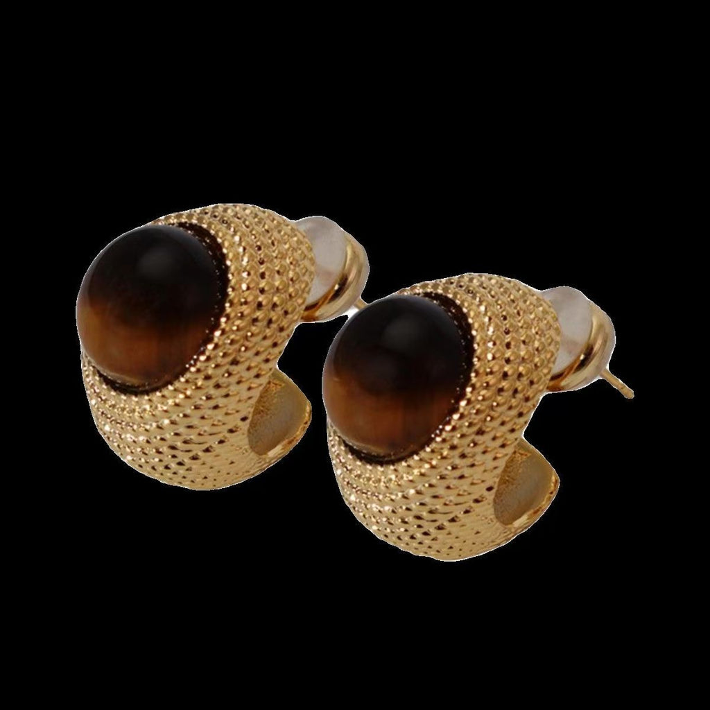 2026 New Hot-selling Tiger Eye Stone Stud Earrings, Maillard Style Light Luxury High-End European American Vintage Fashion Dangle Jewelry For Women