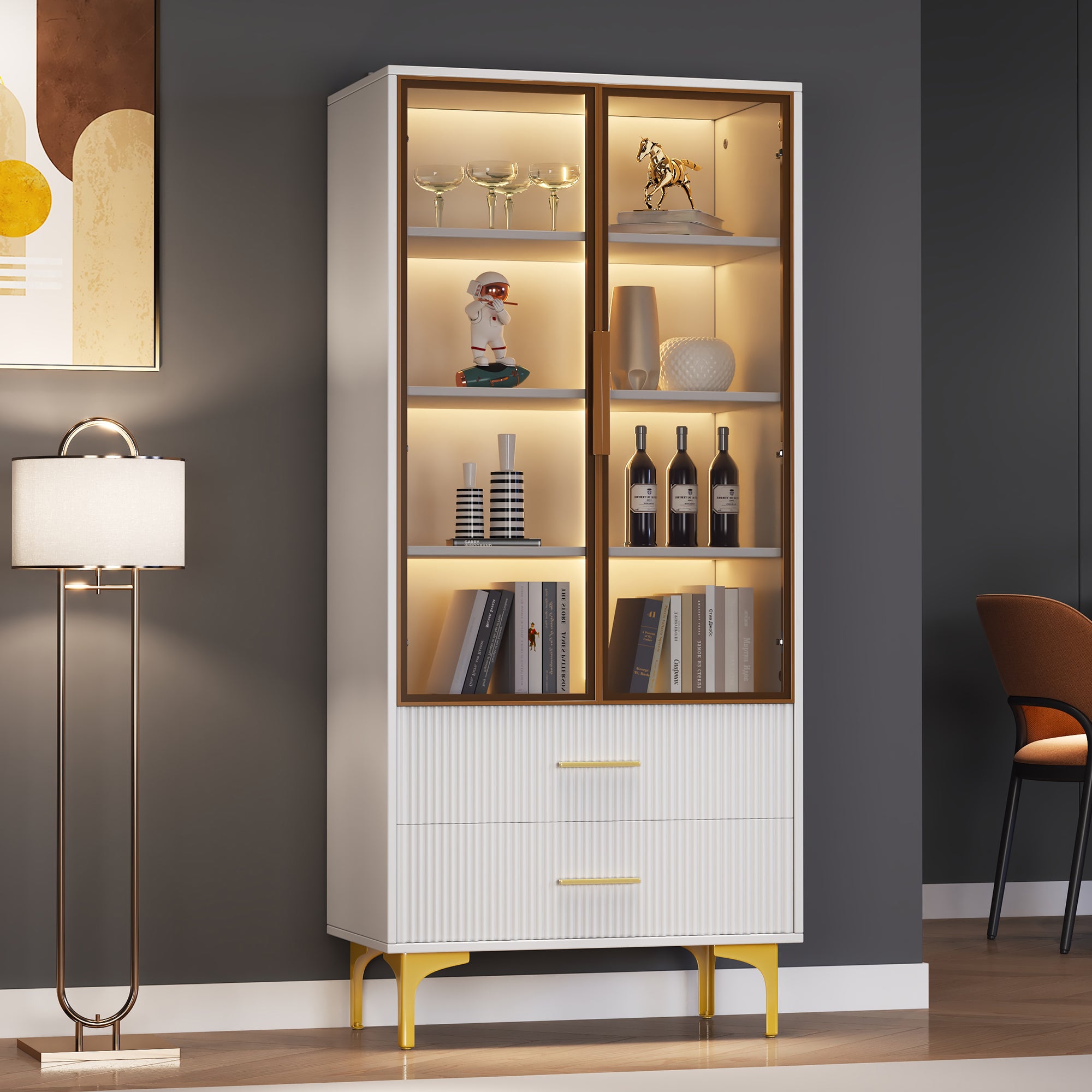 Elegant Glass Display Case With Two Doors - 70x35x150cm - Glass Doors, Golden Legs, Movable Shelves, Display Case With App LED Light, Cabinet, Glass Display Cabinet, Tall Cabinet, Standing Display Cas