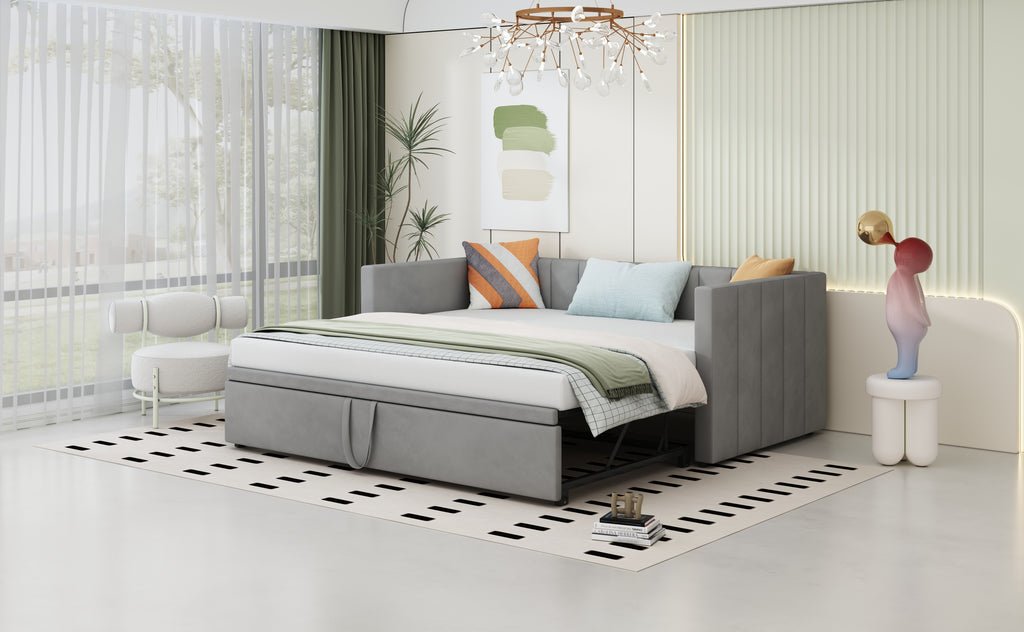 Upholstered Pull-out Sofa Bed 90 180 X 200 Cm With Slatted Bases Multifunctional Bed In Skin-friendly Grey Velvet Old SKU LDU00058AAG.