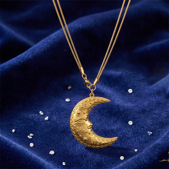 Double Layer Moon Face Pendant Necklace For Women, 18K Gold Plated Stainless Steel Snake Chain Choker, Celestial Boho Starry Jewelry Gift