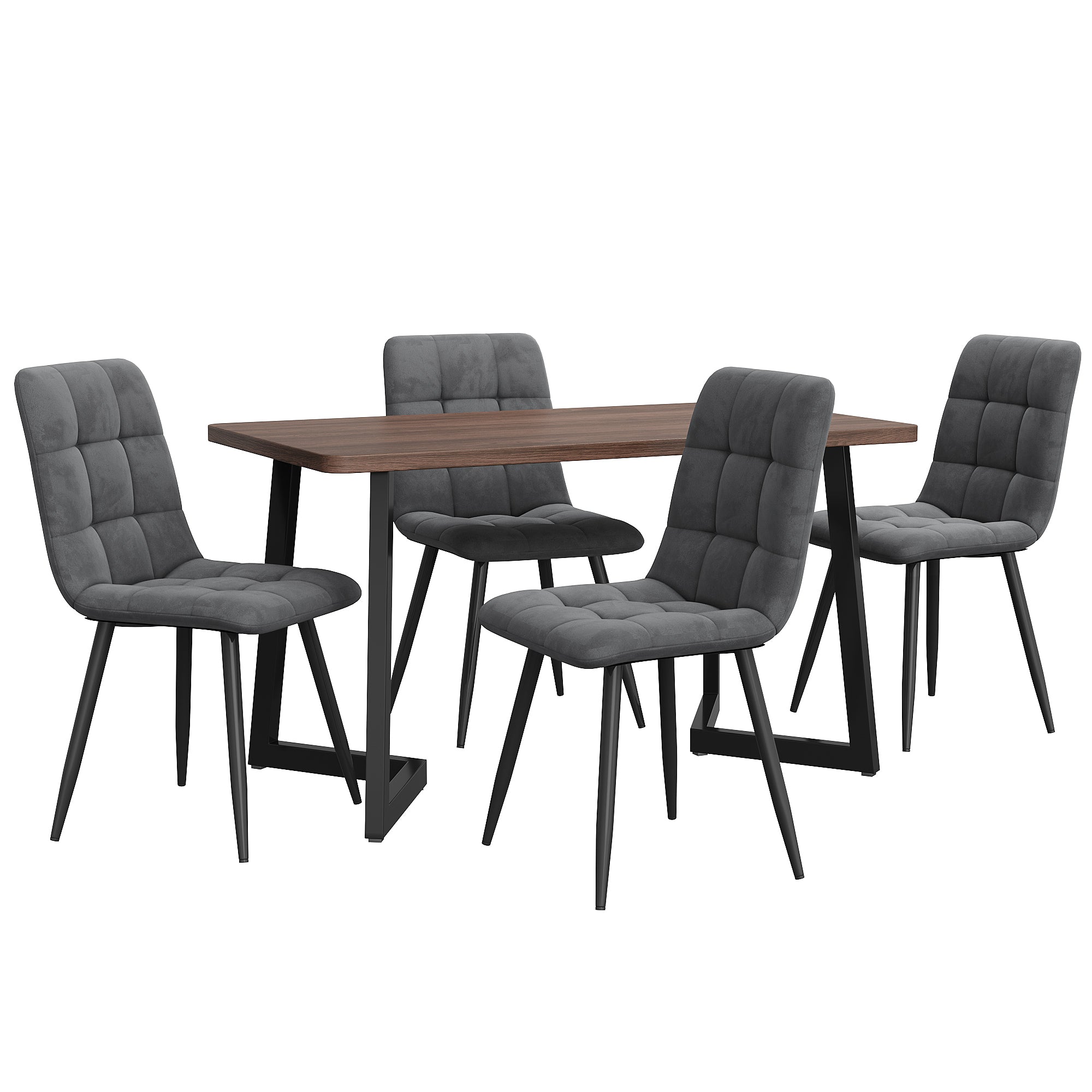 5-piece Dining Set With Table And 4 Chairs, Modern Kitchen Table Set, Wood Grain Kitchen Table With Black Metal Legs, MDF Tabletop In Walnut Color, Dark Gray Velvet Dining Chairs