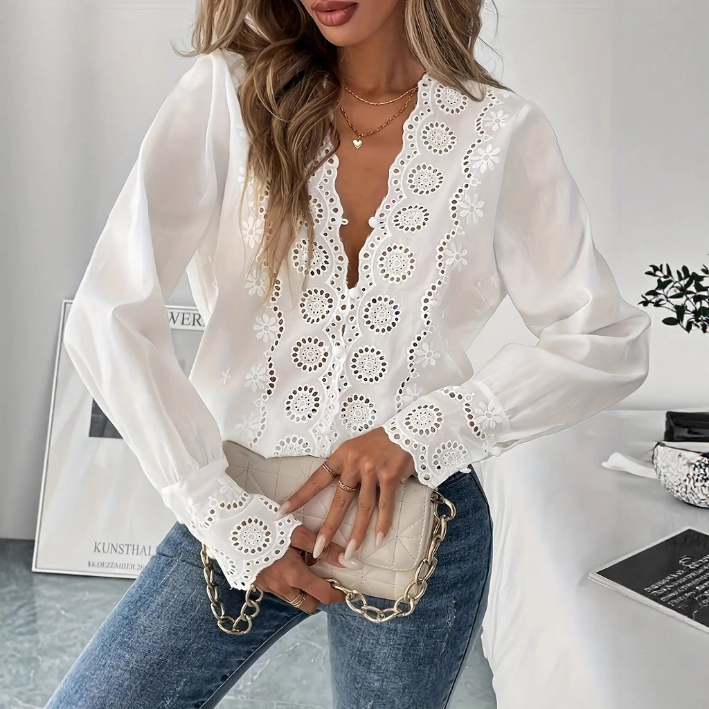 Elegant V-neck Long-Sleeve Embroidered Shirt For Women