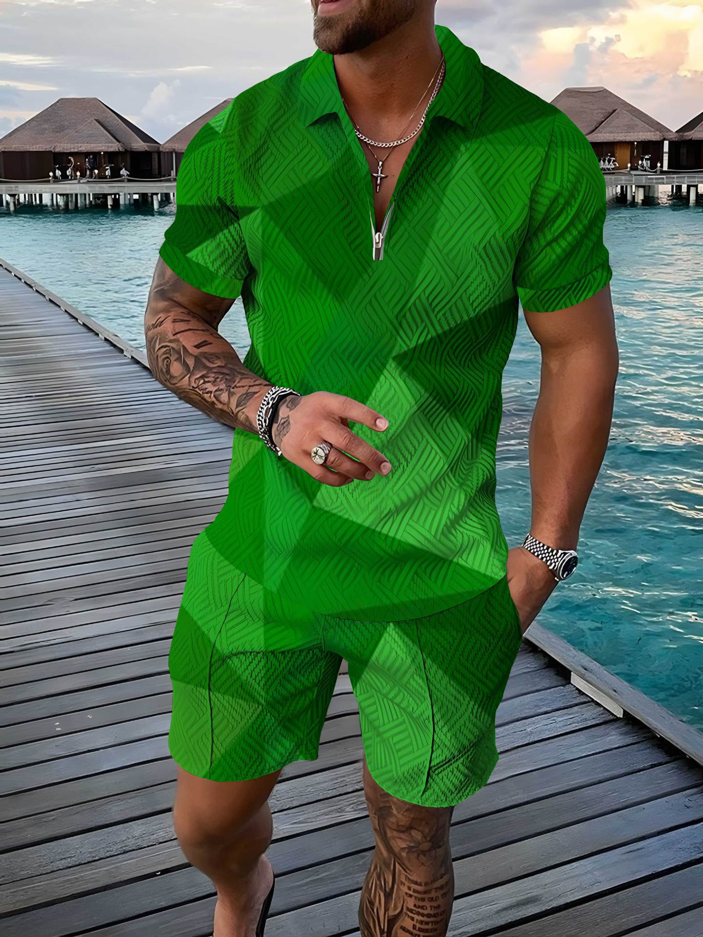 Men's Polo Shirt Summer Fashion 3D Printed Short Sleeve Geometric Zip Lapel