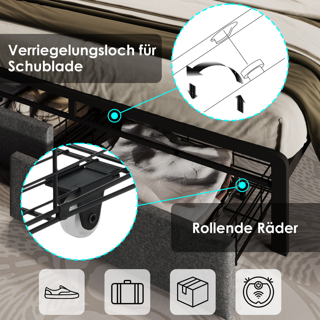 Sofa Bed With USB Type C Charging Function, Storage Head Part And LED Lighting And Drawer, Double Bed 140x200 Storage Bed Frame With Metal Frame, Grey  Without Mattress